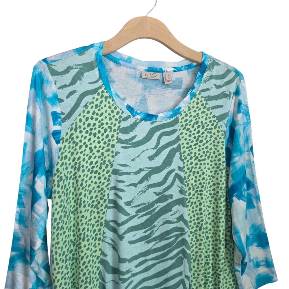 LOGO Lori Goldstein Top Womens Large Blue Mixed Animal Print Tunic Pockets - Picture 5 of 8